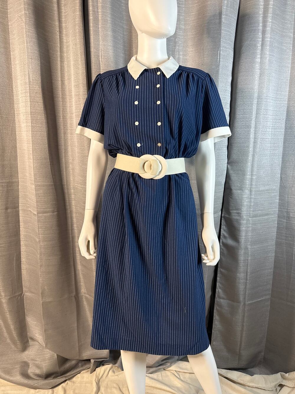 Vintage 80s Navy Pinstriped Secretary Dress Sz M-L